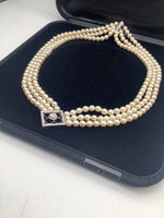 Pearl Necklace with Diamond Clover Pendant