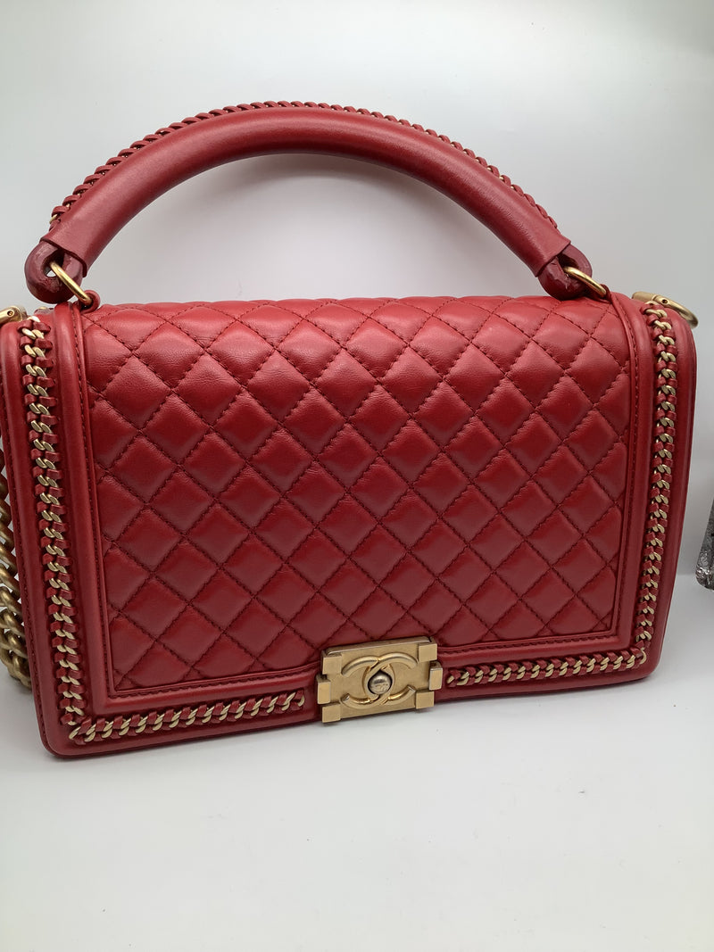 Chanel 'Boy'  Bag Gold Coloured Metal and Red Lambskin