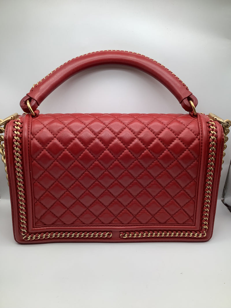 Chanel 'Boy'  Bag Gold Coloured Metal and Red Lambskin