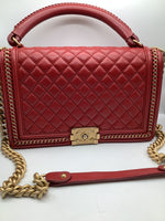 Chanel 'Boy'  Bag Gold Coloured Metal and Red Lambskin