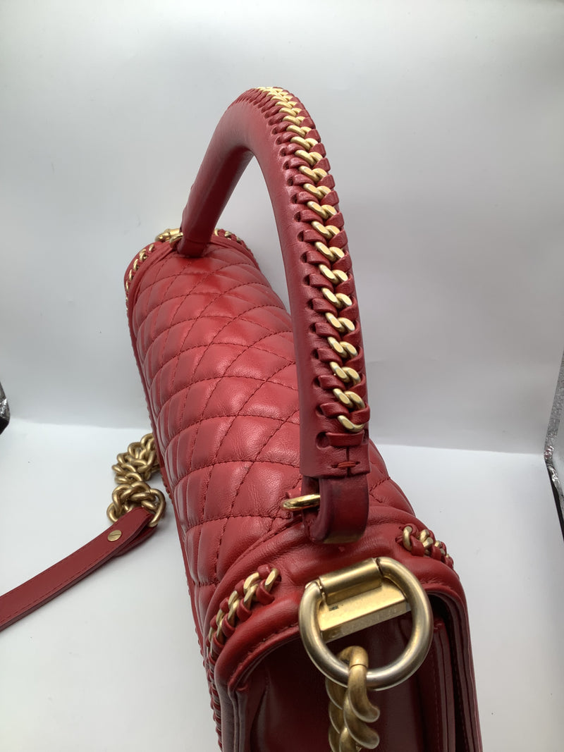 Chanel 'Boy'  Bag Gold Coloured Metal and Red Lambskin