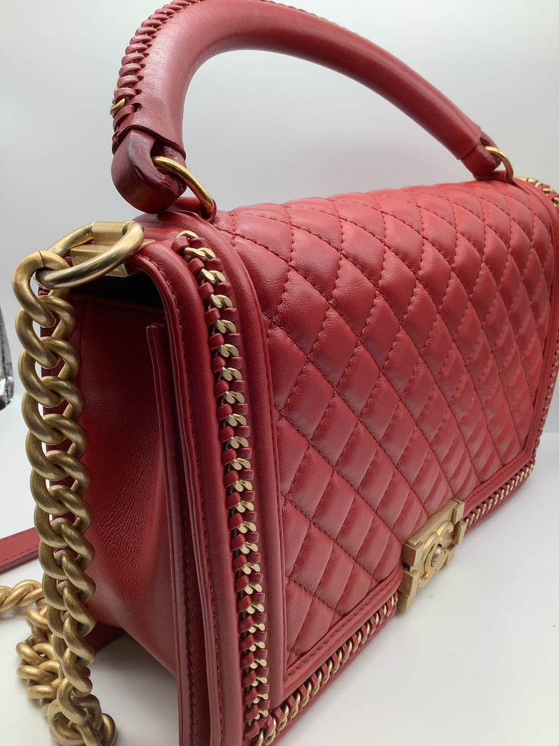 Chanel 'Boy'  Bag Gold Coloured Metal and Red Lambskin