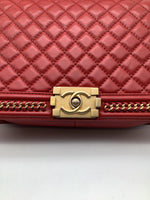 Chanel 'Boy'  Bag Gold Coloured Metal and Red Lambskin