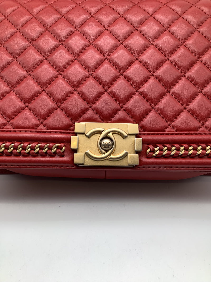 Chanel 'Boy'  Bag Gold Coloured Metal and Red Lambskin