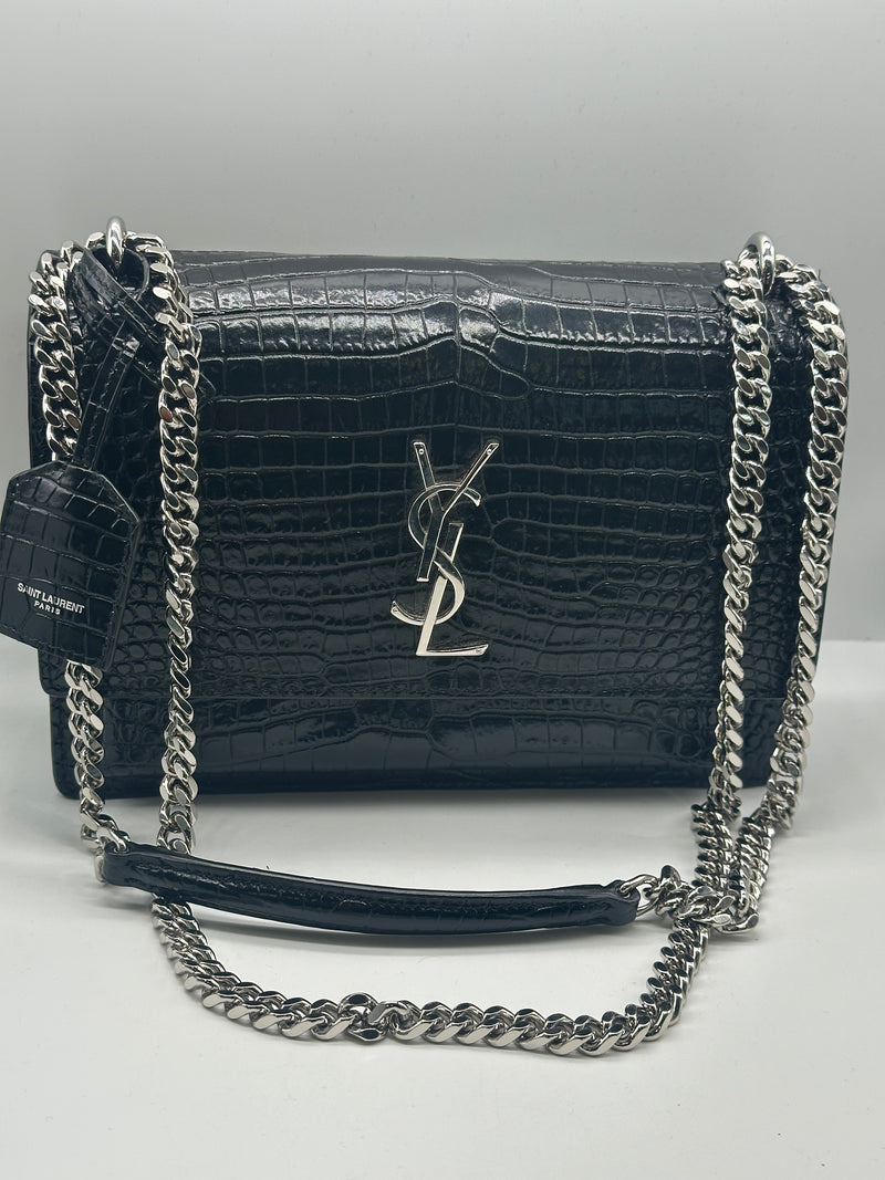 YSL Sunset medium crocodile-effect leather shoulder bag