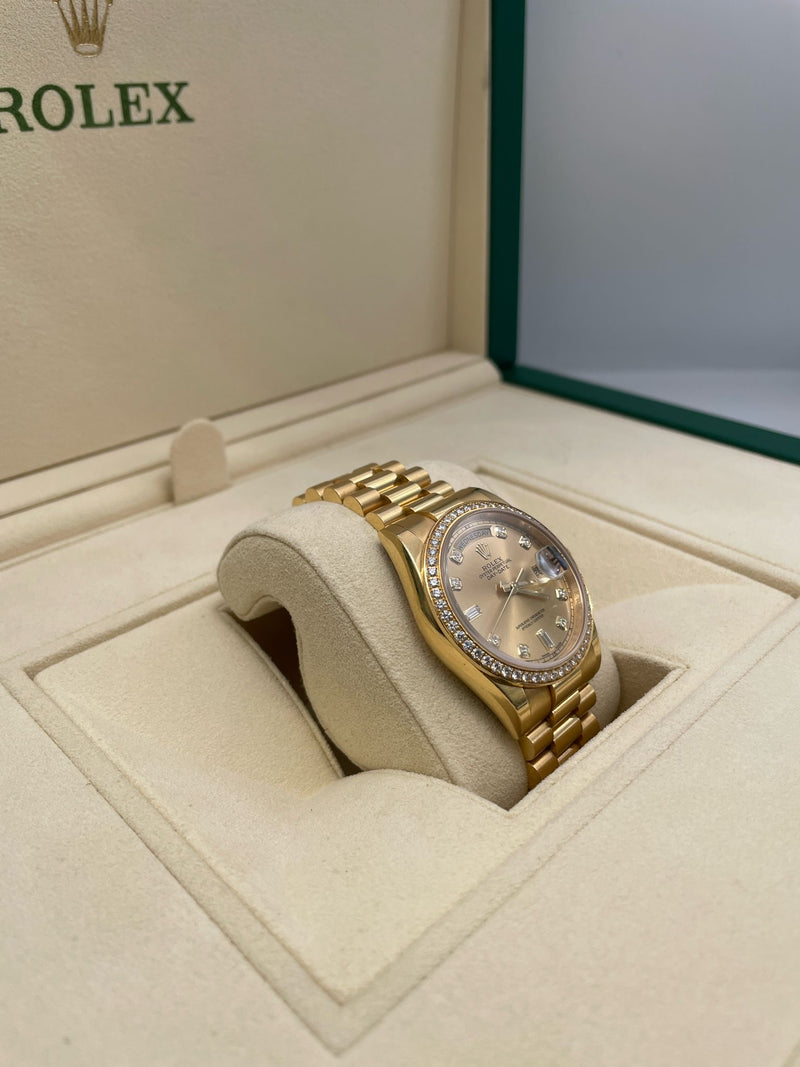 18k Yellow Gold Rolex DayDate 36mm, Factory Diamond Dial and Bezel