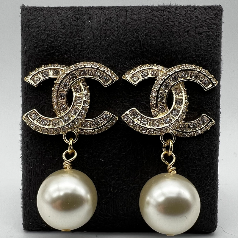 CHANEL CC Stud Earrings in Gilt Metal Pearl and Rhinestones  VALOIS  VINTAGE PARIS
