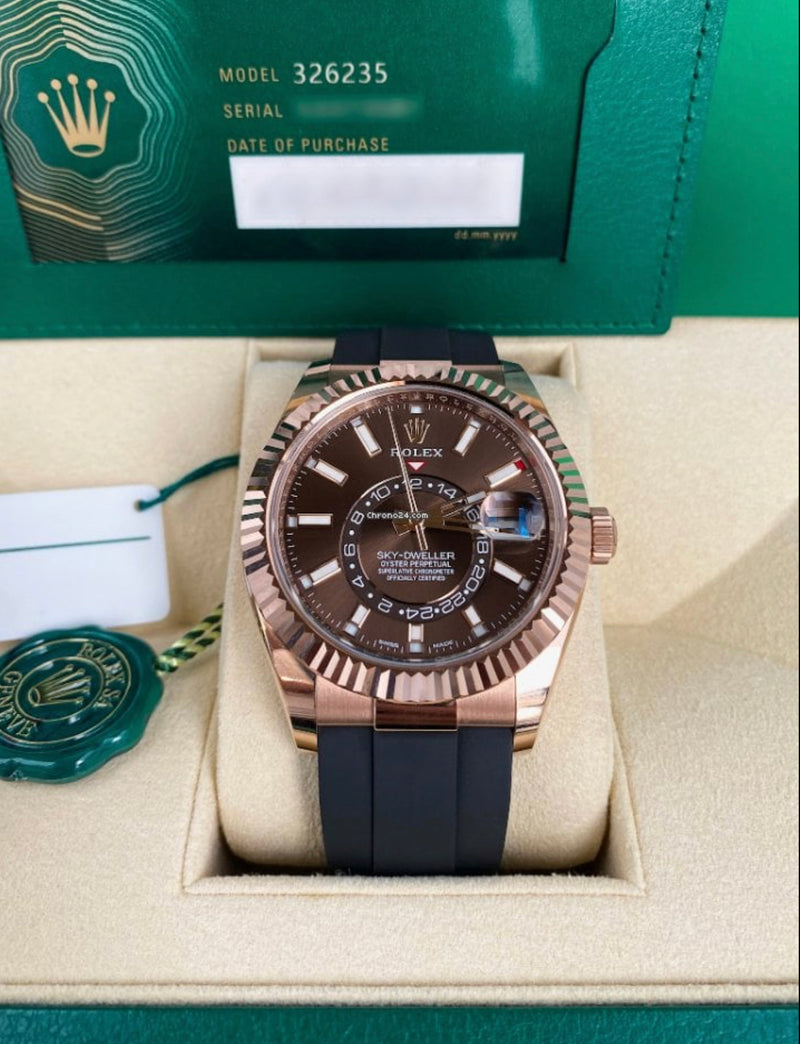 Rolex Sky-Dweller Solid Everose Gold Chocolate Dial Unworn Dec 2022